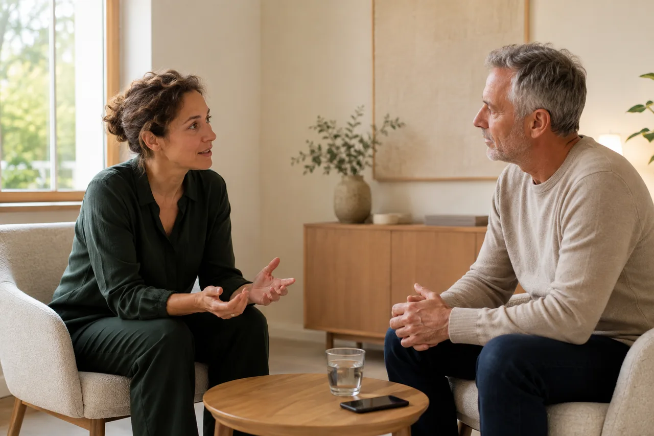 Sfeerbeeld van twee volwassenen in een aandachtig gesprek