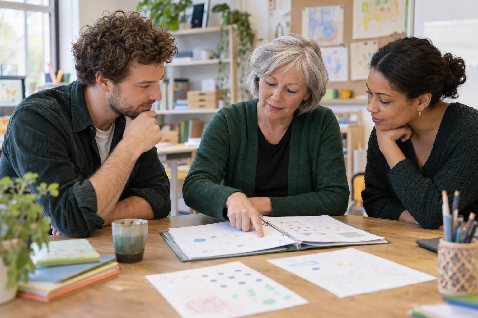 AI-sfeerbeeld van drie onderwijsprofessionals die samen leerlingwerk en ondersteuning bespreken