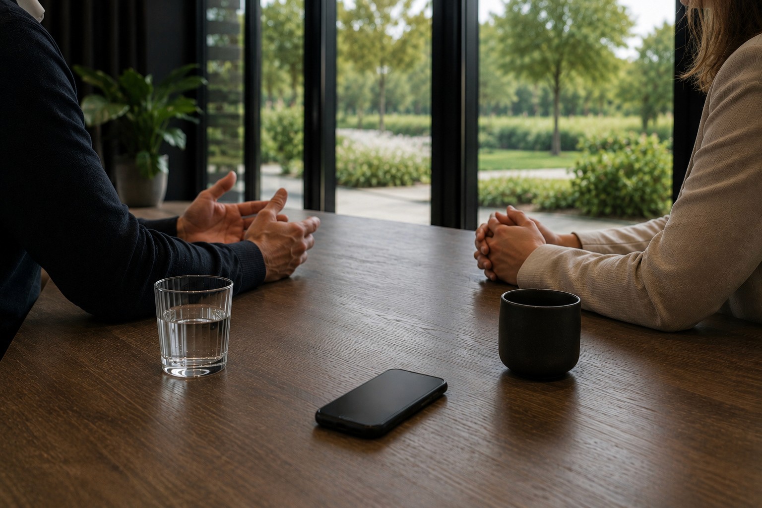 Twee mensen in gesprek aan tafel met een telefoon tussen hen in